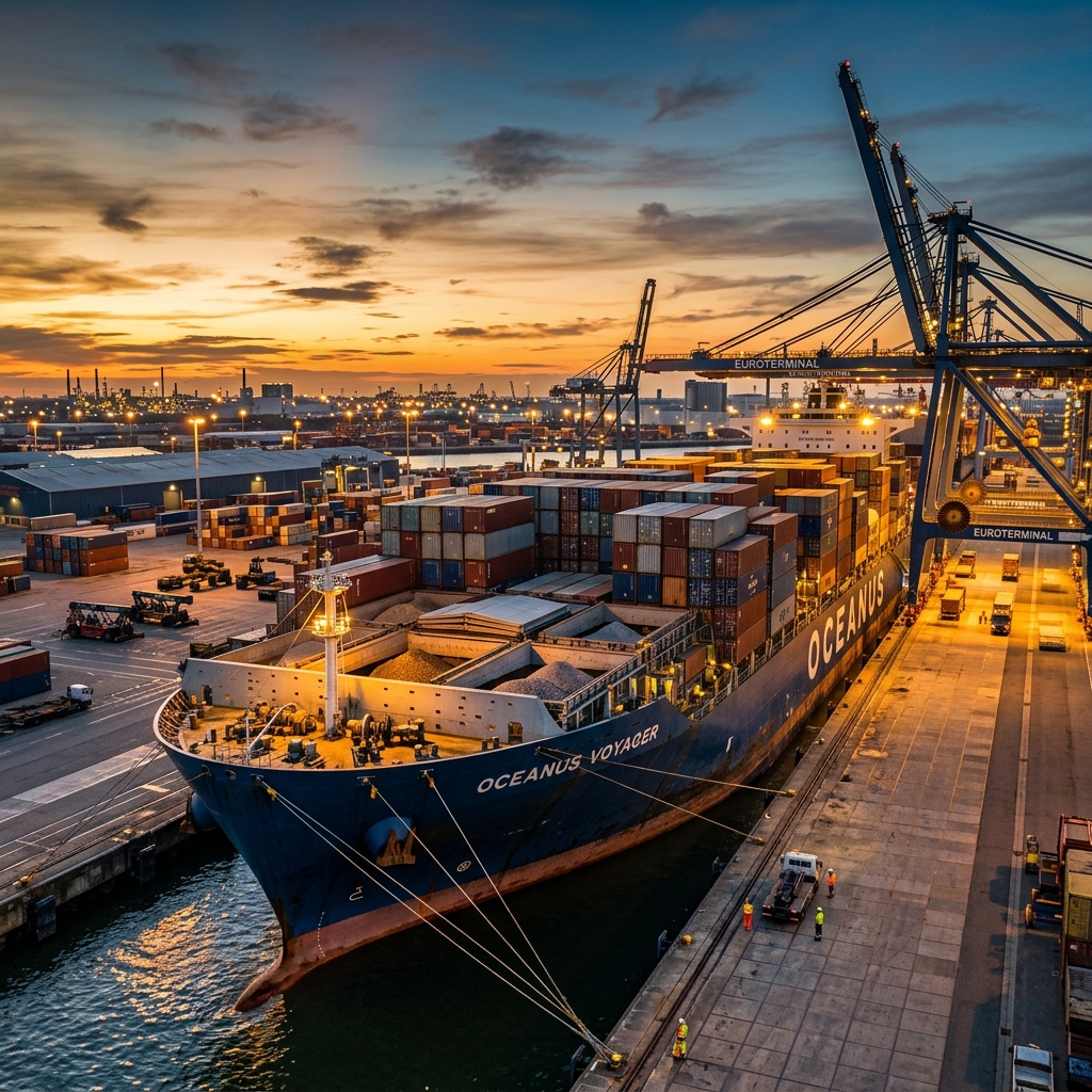 Massive modern industrial container cargo vessel at dusk port