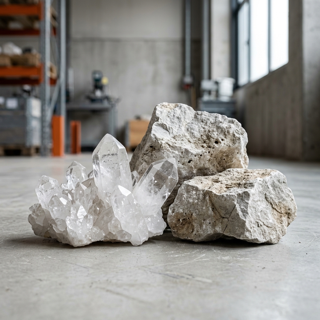 High purity white silica quartz crystals and limestone lumps